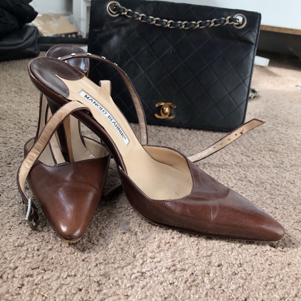 brown studded wrap manolo blahnik pumps